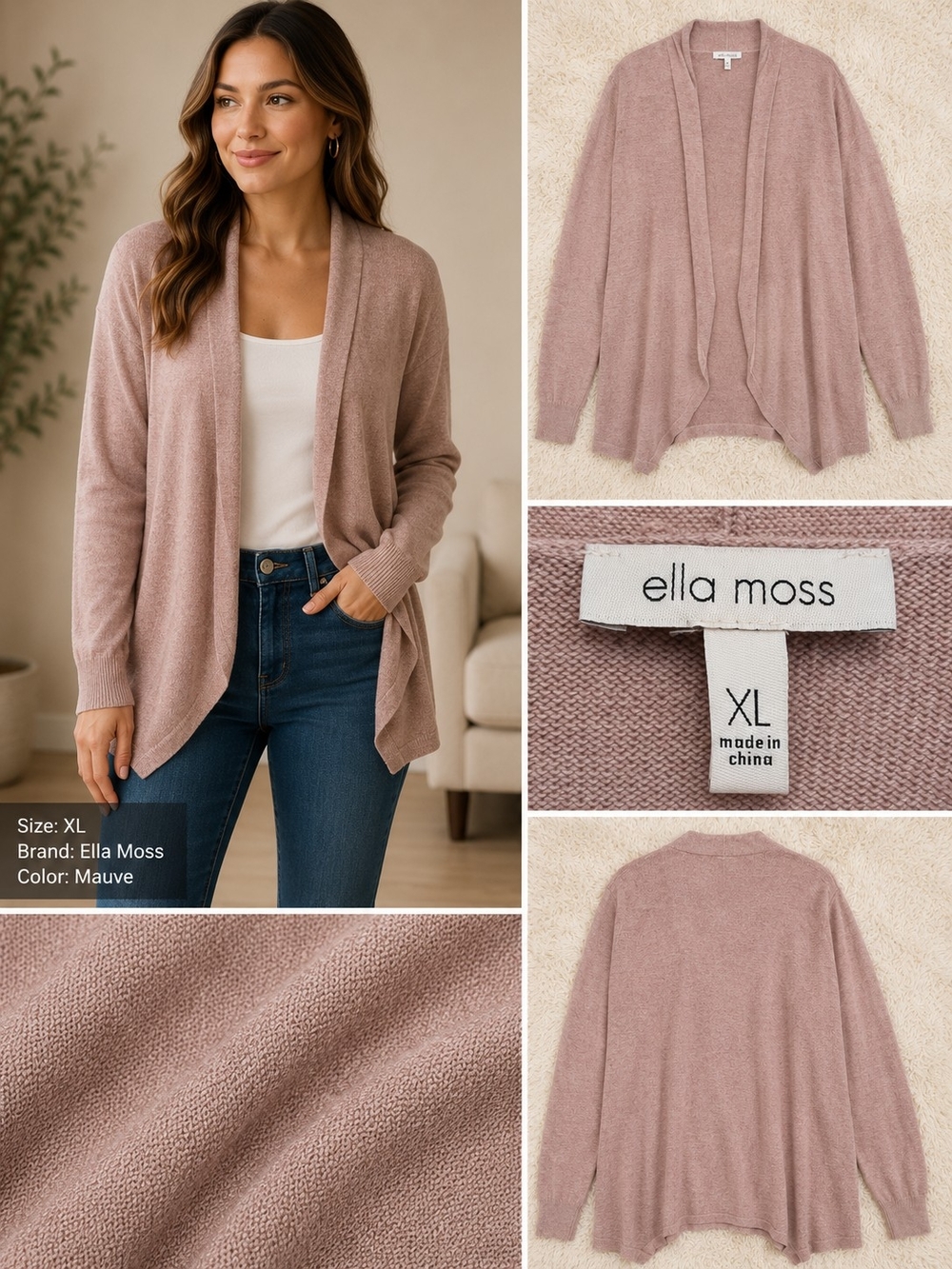 Ella Moss Mauve Open-Front Draped Cardigan